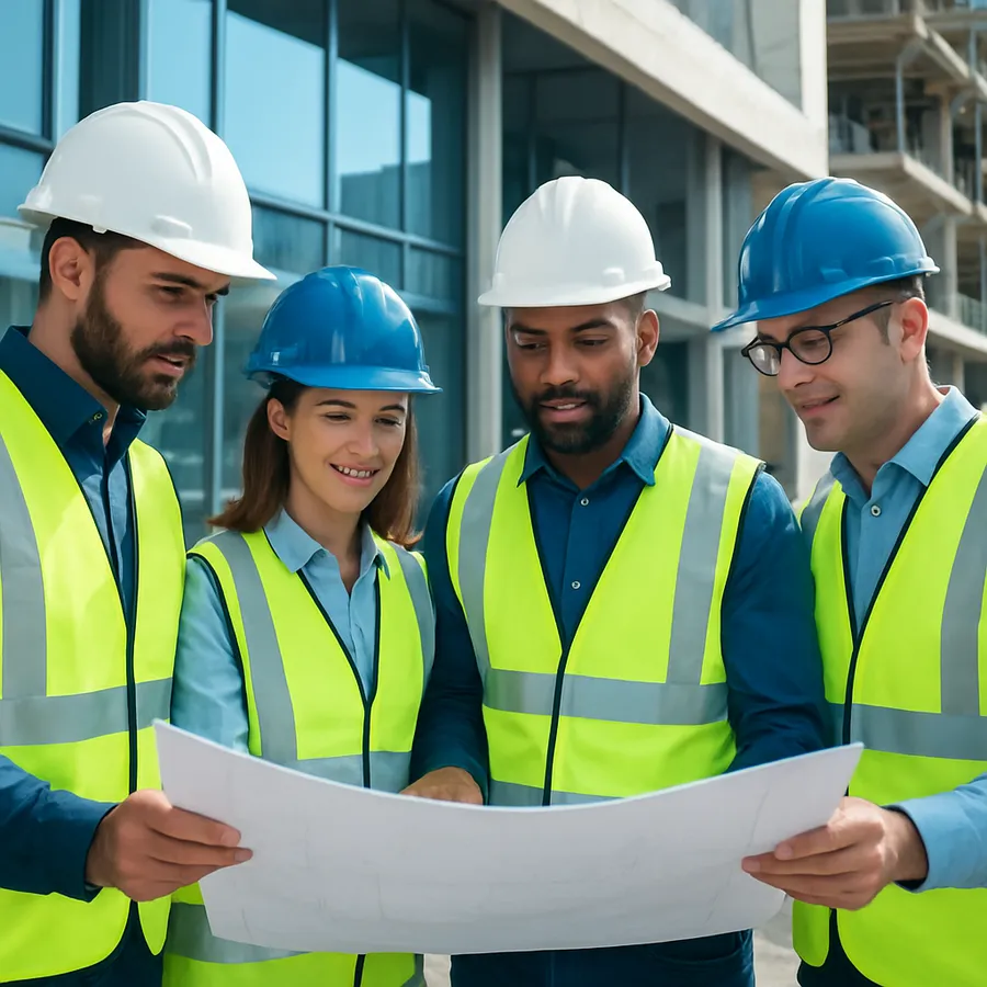 Trabajadores de construcción con casco revisando planos en una obra moderna