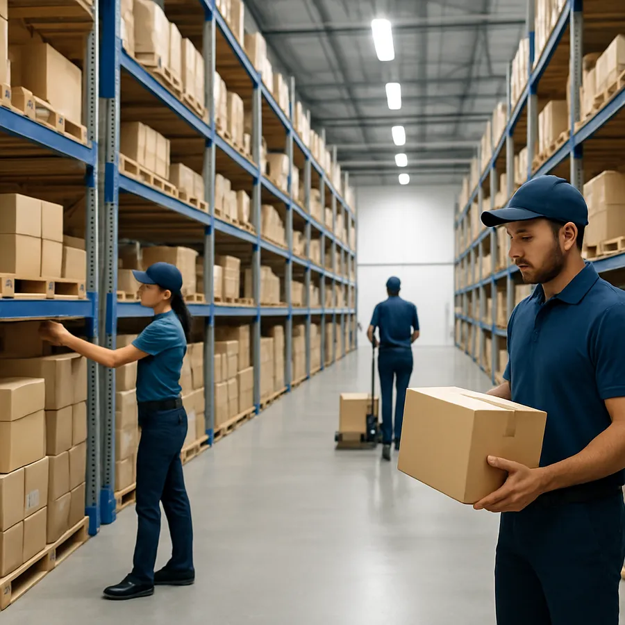 Centro de distribución ordenado con personal operativo gestionando bodega