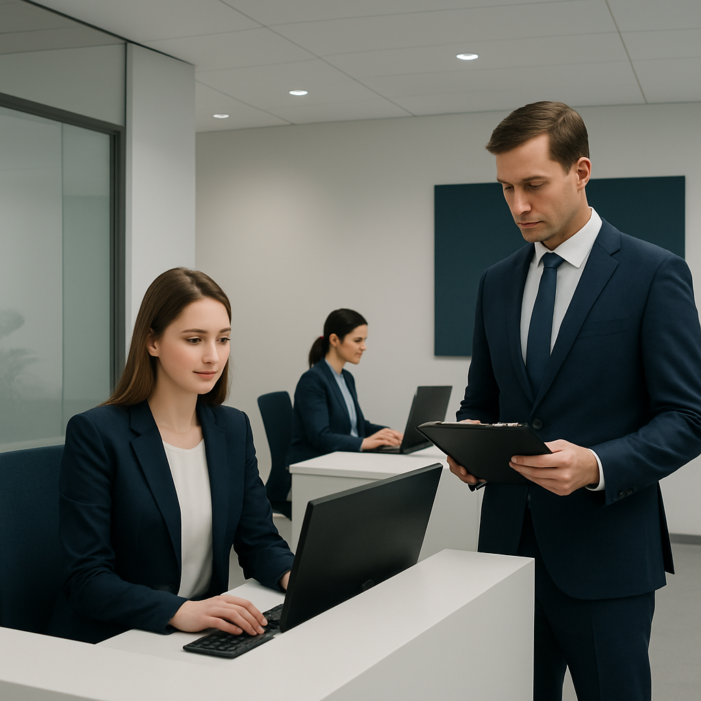 Entorno de oficina financiera limpio y profesional con personal trabajando