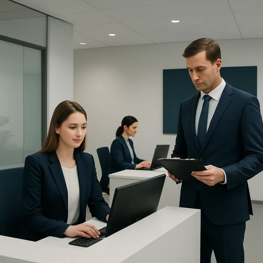 Entorno de oficina financiera limpio y profesional con personal trabajando